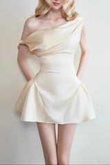 Satin Ruched Mini Dress in Cream White