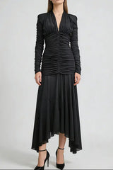 V-Neck Ruched Long-Sleeve Maxi Dress in Black