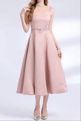 Square Neck Satin Slip Midi Dress - Pink