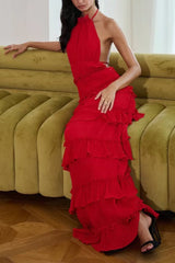 Ruffle Trim Halter Maxi Dress - Red