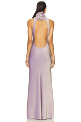 Sleeveless Back Flower Embellished Halter Maxi Dress in Purple