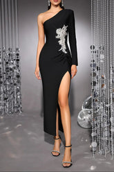 One Shoulder Rhinestone Bandage Midi Dress in Black