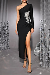 One Shoulder Rhinestone Bandage Midi Dress in Black