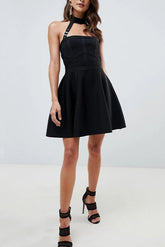 Halter Neck Buckle Straps Bandage Mini Dress in Black