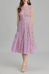 3D Embroidered Lace Mesh Midi Dress in Purple