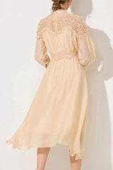 Cecilia Lantern Sleeves Openwork Trim Midi Dress