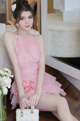 3D Flower Halter Ruffle Mini Dress in Pink
