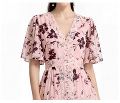 V-neck Lace Trim Printed Maxi Dress - Pink