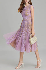 3D Embroidered Lace Mesh Midi Dress in Purple