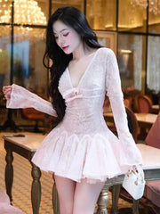 Long-Sleeve V-Neck Lace A-Line Mini Dress in Pink