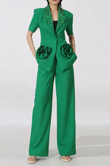 Green Flower Embellished Blazer with Wide-Leg Trousers Set