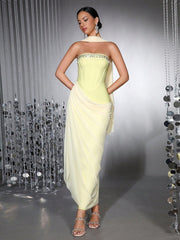Rhinestone Patchwork Herringbone Maxi Dress - Yellow