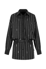 Collar Rhinestone Shirt Mini Dress in Black