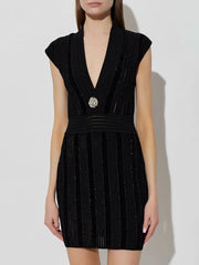 Black V-Neck Mini Dress with Shimmering Ses
