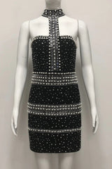 Rhinestone Halter Mini Dress in Black