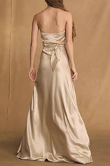 Champagne Crepe Bias-Cut Satin Halter Maxi Dress