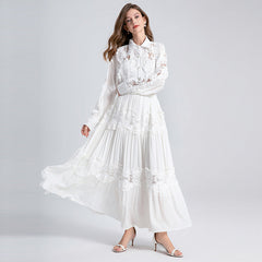 Splicing Flapped Lace Hollow Midi Dress in White