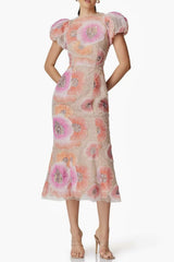 Puff Sleeve Floral Midi Dress in Pink