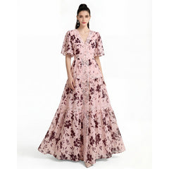 V-neck Lace Trim Printed Maxi Dress - Pink