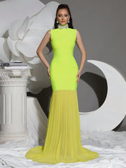 Mesh Stitching Diamond High Collar Bandage Maxi Dress in Green