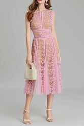 3D Embroidered Lace Mesh Midi Dress in Pink