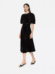 Black Rhinestone Embellished Puff Sleeve Maxi Dress