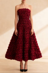 3D Rose Mesh Maxi Dress in Wine Red