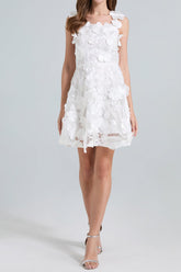 3d Floral Lace Mini Dress in White