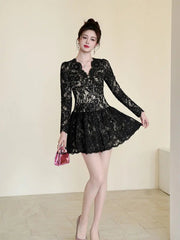 Black Lace Hollow Long Sleeve A-Line Mini Dress