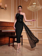 3D Flower Rhinestone Midi Dress in Black