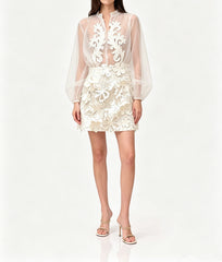 Floral Sheer Organza BlouSequin & Mini Skirt Set - White