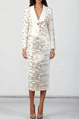 High-Waisted Skirt Gold Sequin Print Blazer Suit in White