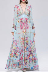 Mesh A-Line Printed Maxi Dress