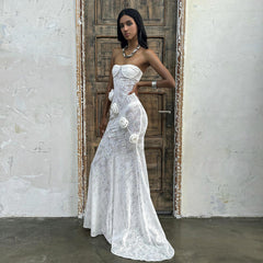Sheer Lace Dress with Three-Dimensional Floral Skirt - White