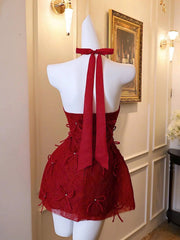 Lace Backless Halter Mini Dress in Red