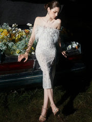 White Haute Couture Feather Sequin Dress