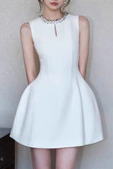 Round Neck Diamond Sleeveless Dress in White