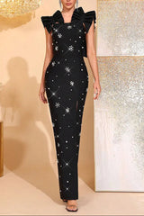 Beading Detail Ruffle High Maxi Dress in Black