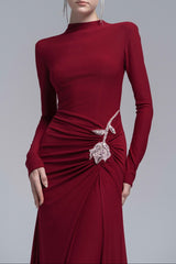 Rose Embellished Sheath Gown in Red