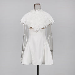 White Mini Dress with Embroidered Lace Cape