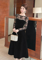 Lace Hollow Sleeve Rhinestone Maxi Dress in Black