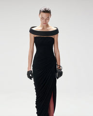 Black Off-shoulder Asymmetrical-High Maxi Dress