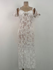 Floral Hollow Lace Midi Dress - White