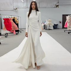 Double Ball Long-Sleeve High-Maxi Dress in White