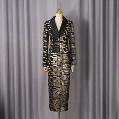 High-Waisted Skirt Gold Sequin Print Blazer Suit in Black