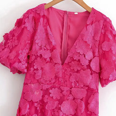 Puff Sleeve V-Neck Embroidery Midi Dress in Rose Red