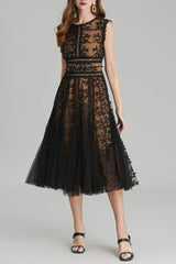 3D Embroidered Lace Mesh Midi Dress in Black