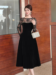 Lace Hollow Sleeve Rhinestone Maxi Dress in Black