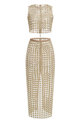 Sheer Plaid Maxi Skirt Two Piece of Set