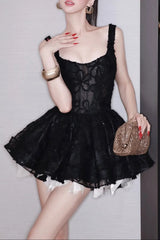 Sequin Embellishment Lace Puffy Mini Dress in Black